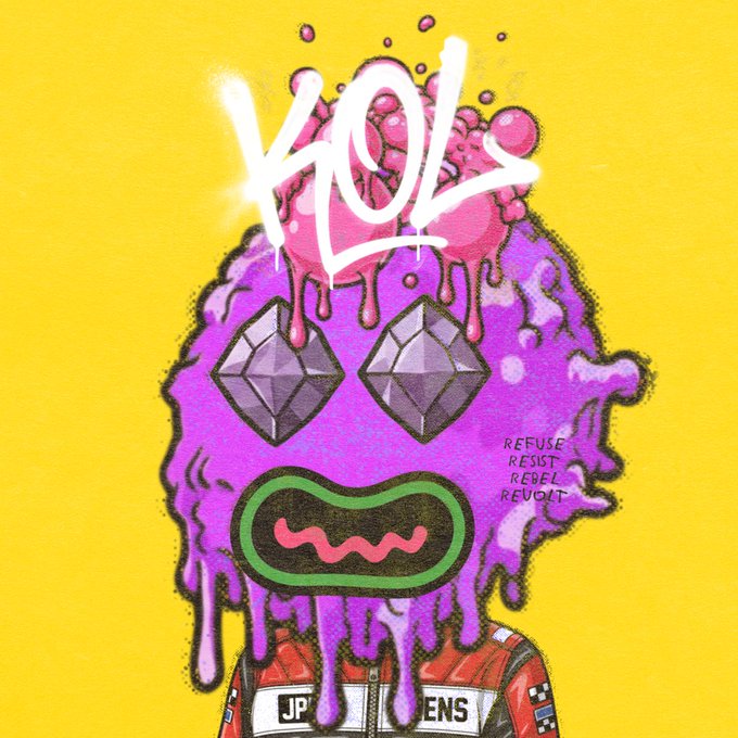 Vibrant street-art style illustration of a melting purple creature with diamond-shaped eyes and an exposed brain wearing a racing suit, with white graffiti text "KOIZ" and the words "REFUSE RESIST REBEL REVOLT".