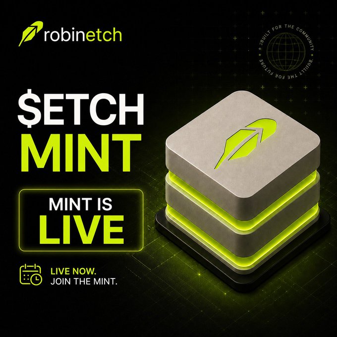A promotional graphic announces "Robinetch $ETCH Mint Is Live" with bold text and a stacked 3D cube design featuring the green Robinetch feather logo, alongside the call to action "Live Now. Join the Mint." and a circular badge reading "Built for the Community, Built for the Future," directly supporting the post's announcement of the live mint event at robinetch.com/mint.