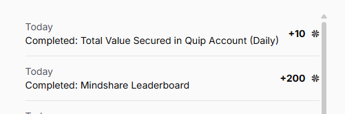 The image features a list of achievements related to a Quip account. One of the accomplishments listed is "Today's Total Value Sached in Quip Account Daily". This achievement means that ten points have been gained, and one of them has led to a raise by 200 points. The rest of the list contains more details about other achievements within the account.