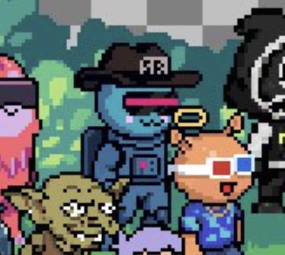 A pixel art image showing a group of cartoon characters, including a Yoda-like green creature, a pink-haired figure, a blue robot in a hat, a cat wearing 3D glasses, and a partially visible black character with a heart. The post's shocked "WHO DA FOOK IS DAT GUY?!" caption humorously reacts to the mysterious black character on the right edge whose face is mostly cut off from the frame.