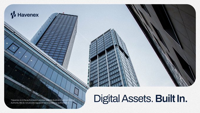 An advertisement banner for Havenex featuring a low-angle photo of modern glass skyscrapers against a blue sky, with the tagline 'Digital Assets. Built In.' and small financial disclaimer text at the bottom.