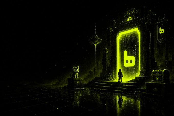 A lone figure stands before a glowing green portal displaying the letter "b," flanked by a robotic cat statue and a treasure chest, with the username "Bappfun" visible on a banner. The neon-lit, mystical scene evokes the crypto giveaway referenced in the post, suggesting the portal is a gateway to claiming one of the EVM wallet prizes.