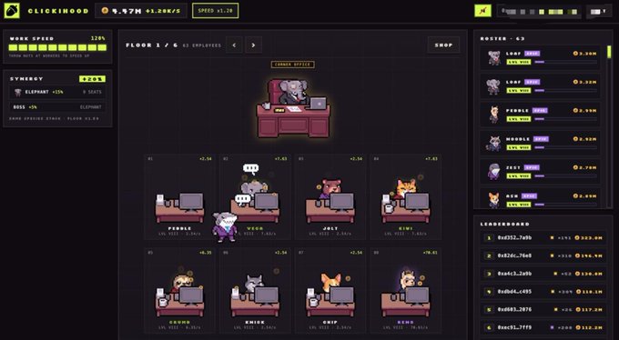 A screenshot of a game interface titled 'CLICKINOD', showing various cartoon animal employees working at desks on different floors.