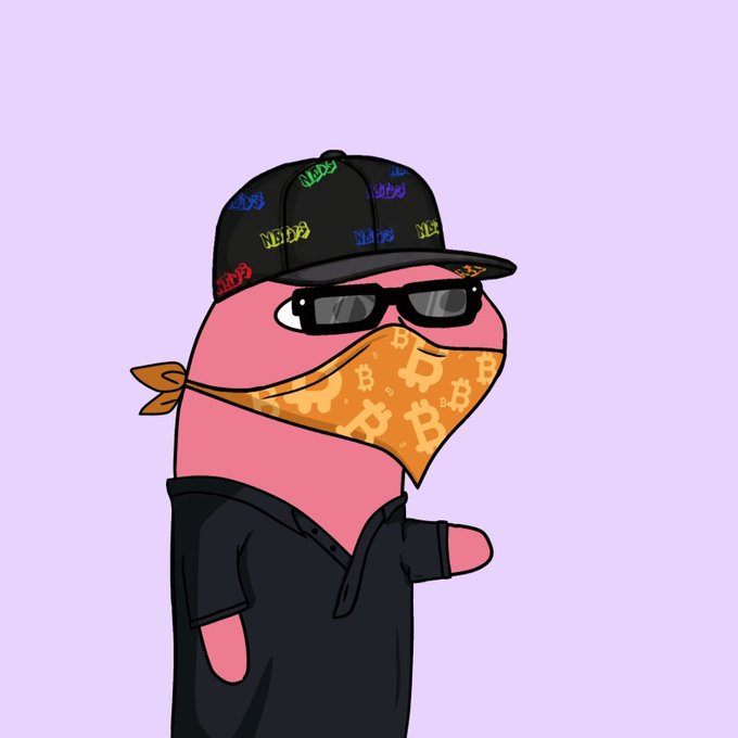 A stylized pink cartoon character wearing a black cap and hoodie sports sunglasses and an orange bandana printed with Bitcoin (₿) logos, fitting the "gm nfts" crypto greeting. The colorful cap features repeated NFT text in vibrant hues, reinforcing the post's focus on NFTs and the broader crypto/web3 culture.
