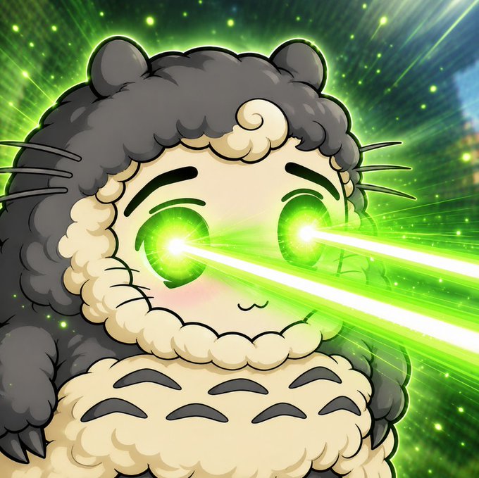 An anime-style illustration of a cute panda-like creature with fluffy gray and cream fur, shooting bright green laser beams from its glowing eyes against a sparkling green background.