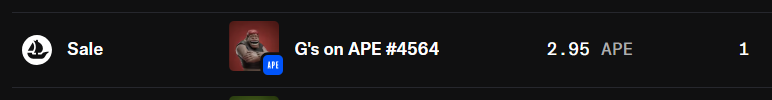 A screenshot of an NFT marketplace transaction shows a "Sale" of "G's on APE #4564" for just 2.95 APE (≈$0.45), a fraction of its likely intended value, illustrating the post's message about a panic or accidental lowball sell.