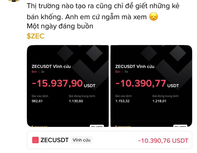 A Vietnamese social media post expressing sadness about financial losses, showing screenshots of liquidated ZECUSDT perpetual positions on Binance with significant losses of -$15,937.90 and -$10,390.77.