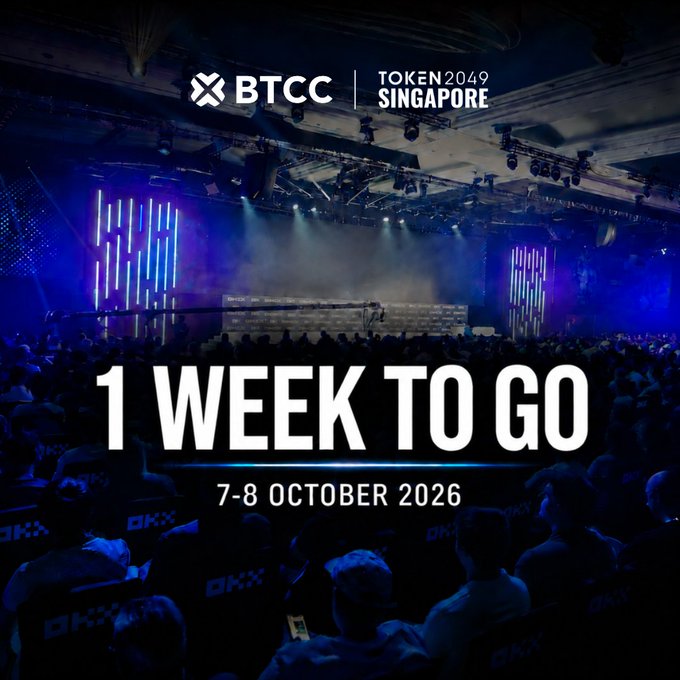 Promotional advertisement for BTCC | TOKEN2049 Singapore event featuring a crowded conference hall with blue lighting, announcing '1 WEEK TO GO' for the event on 7-8 October 2026.