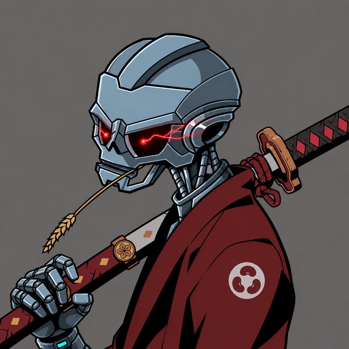 A digital illustration of a cybernetic samurai character with glowing red eyes, wearing red samurai robes and carrying a katana on their back.