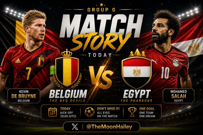 The image shows two soccer players wearing red jerseys, one from Egypt and another from Belgium, standing on a field with a large banner displaying their names and the text "Match Story Today". The banner also includes a list of soccer balls and a calendar for the upcoming soccer season.