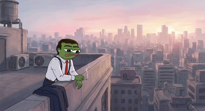 A green Pepe frog character in a white shirt and red tie leans on a rooftop ledge smoking, overlooking a hazy city skyline at sunset—capturing the contemplative "hold and wait" mindset of an investor patiently waiting out the market above the chaos.