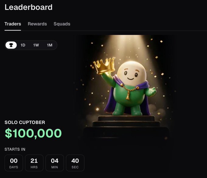 A 'Leaderboard' page for 'Traders' featuring a green mascot character wearing a crown and cape, with a 'SOLO CUPTOBER' prize of $100,000 and a countdown timer starting in 00 days, 21 hrs, 04 min, 40 sec.