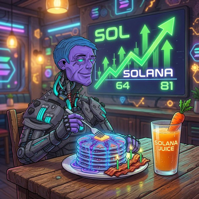 A cyberpunk-style digital illustration of a purple cyborg character eating glowing neon pancakes and bacon at a wooden table, with a 'SOL Solana 64 81' stock chart showing green upward arrows and a glass of 'SOLANA JUICE' in the background.