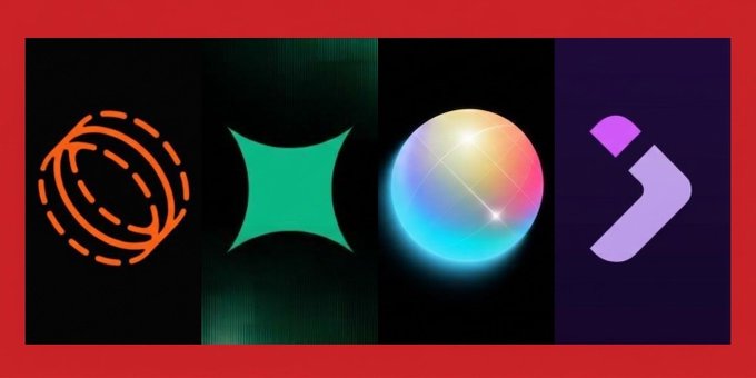 Four abstract logos are displayed against dark backgrounds: an orange circular maze-like design, a green hourglass shape, a glowing iridescent sphere, and a purple arrow.