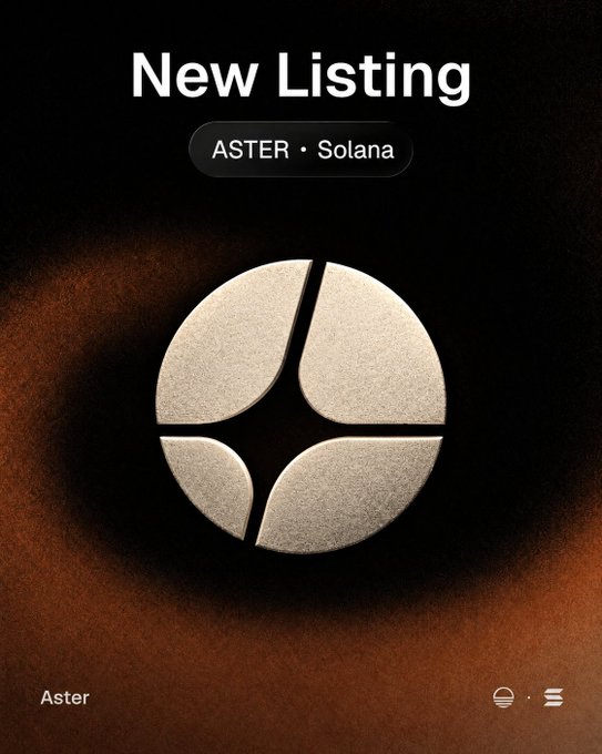 A promotional graphic announcing the "New Listing" of $ASTER on the Solana blockchain, featuring the project's textured four-quadrant logo against a dark background with the accompanying caption noting that $ASTER is now available on Solana via @sunrise for expanded cross-ecosystem trading access.