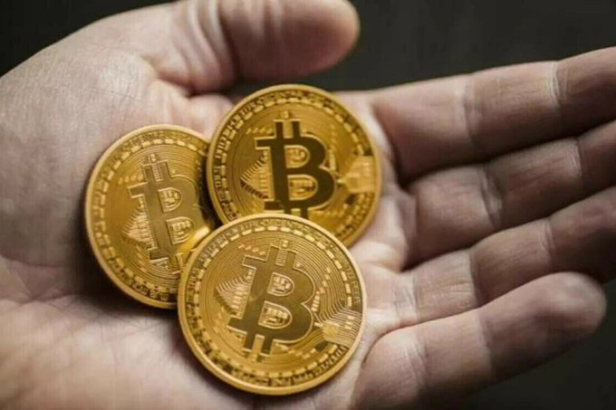 Three gold physical Bitcoin tokens rest in the palm of a person's hand.