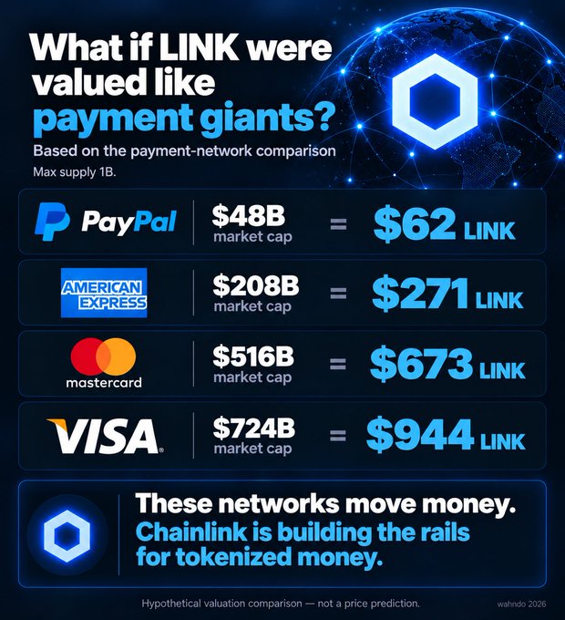 An infographic titled 'What if LINK were valued like payment giants?' comparing Chainlink's hypothetical market cap to PayPal, American Express, Mastercard, and Visa.