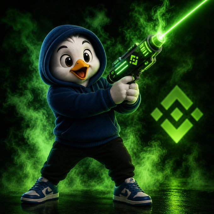 A cute penguin mascot wearing a blue hoodie wields a glowing green laser gun amidst swirling green smoke, with the BNB Chain logo prominently displayed in the background—visually reinforcing the "Spreading Positivity on @BNBCHAIN" message celebrating Binance and BNB.