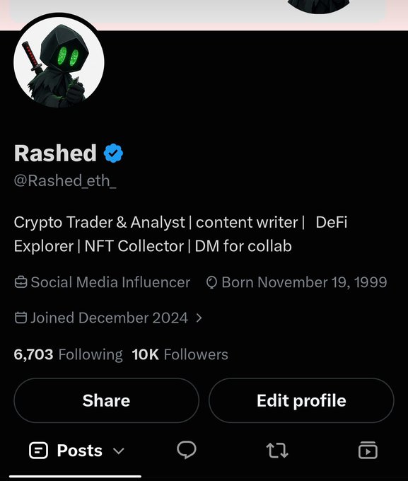 Twitter profile of Rashed (@Rashed_eth_), a verified Crypto Trader & Analyst and content writer with 10K followers, featuring a hooded figure avatar with green eyes.