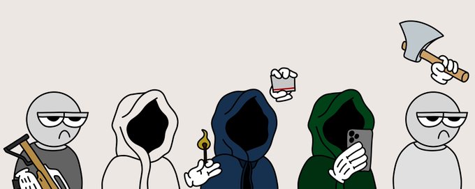 Five stylized characters in hoodies, some faceless and one holding a phone, display items like an axe, lighter, and cigarette, fitting the "Goo" NFT collection's moody, edgy aesthetic promoted in the Mint on OpenSea post.