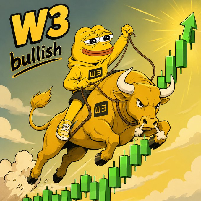A cartoon illustration of a character wearing a yellow "W3" hoodie riding a charging golden bull, accompanied by the text "W3 bullish" and green ascending candlestick chart bars in the background.