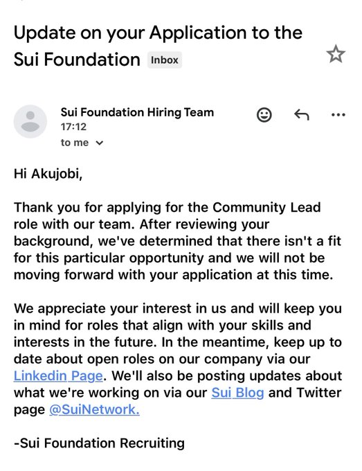 An email from the Sui Foundation Hiring Team to Akujobi rejecting their application for a Community Lead role, signed -Sui Foundation Recruiting.