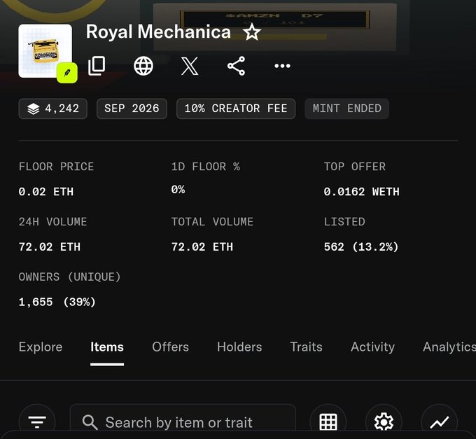 A mobile app interface displays the "Royal Mechanica" NFT collection stats, showing a 0.02 ETH floor price, 72.02 ETH volume, and 1,655 unique owners.