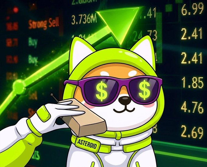 A cartoon Shiba Inu dog in a green spacesuit and sunglasses with dollar signs on the lenses, saluting while holding a box labeled "ASTEROID," against a backdrop of green stock market charts with values like 6.99, 2.41, and 1.85.