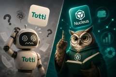 A split promotional graphic featuring a white robot on the left labeled 'Totti' and a wizard-style owl character on the right labeled 'Nucleus', separated by question marks and atomic symbols.