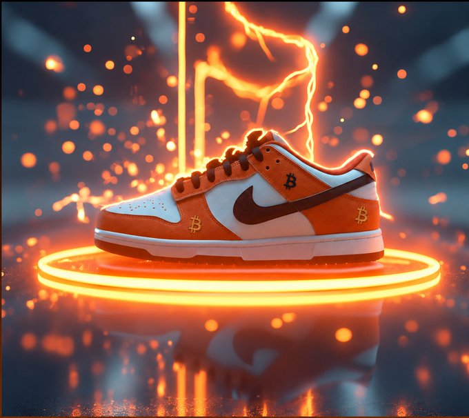 A digital render of an orange and white Nike-style sneaker featuring Bitcoin 'B' logos, displayed on a glowing platform with a neon Bitcoin symbol in the background.