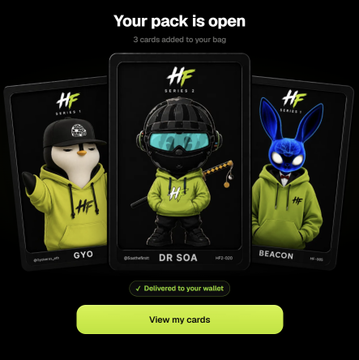 The image shows an "HF Genesis 2" digital card pack reveal titled "Your pack is open," displaying three character cards—Gyo (a penguin in a green hoodie), Dr. SOA (a figure in tactical gear), and Beacon (a blue rabbit)—all marked NFT 005, which the poster received as a free creator pack from @HoodFrens and is asking the community to rate.