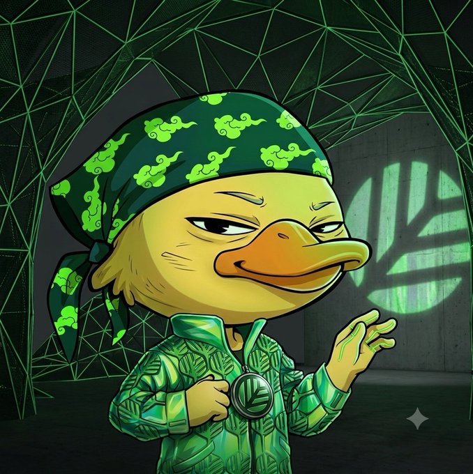 A cartoon duck wearing a green cloud-patterned bandana and a leaf-patterned tracksuit with a logo pendant stands against a dark background with green geometric web lines and a glowing emblem, embodying the mascot-style branding of the crypto project. The image visually ties to the post's narrative of "$8.5M raised" flowing toward AI-native blockchain infrastructure, with the duck serving as the approachable, "builder-friendly" face of @CNPYNetwork's mission to reduce friction in onchain development.