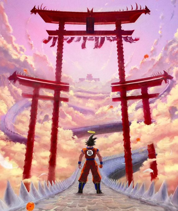 Artwork of Goku standing before giant red torii gates in the clouds, with the Eternal Dragon (Shenron) coiled around a stone path leading toward a distant palace.