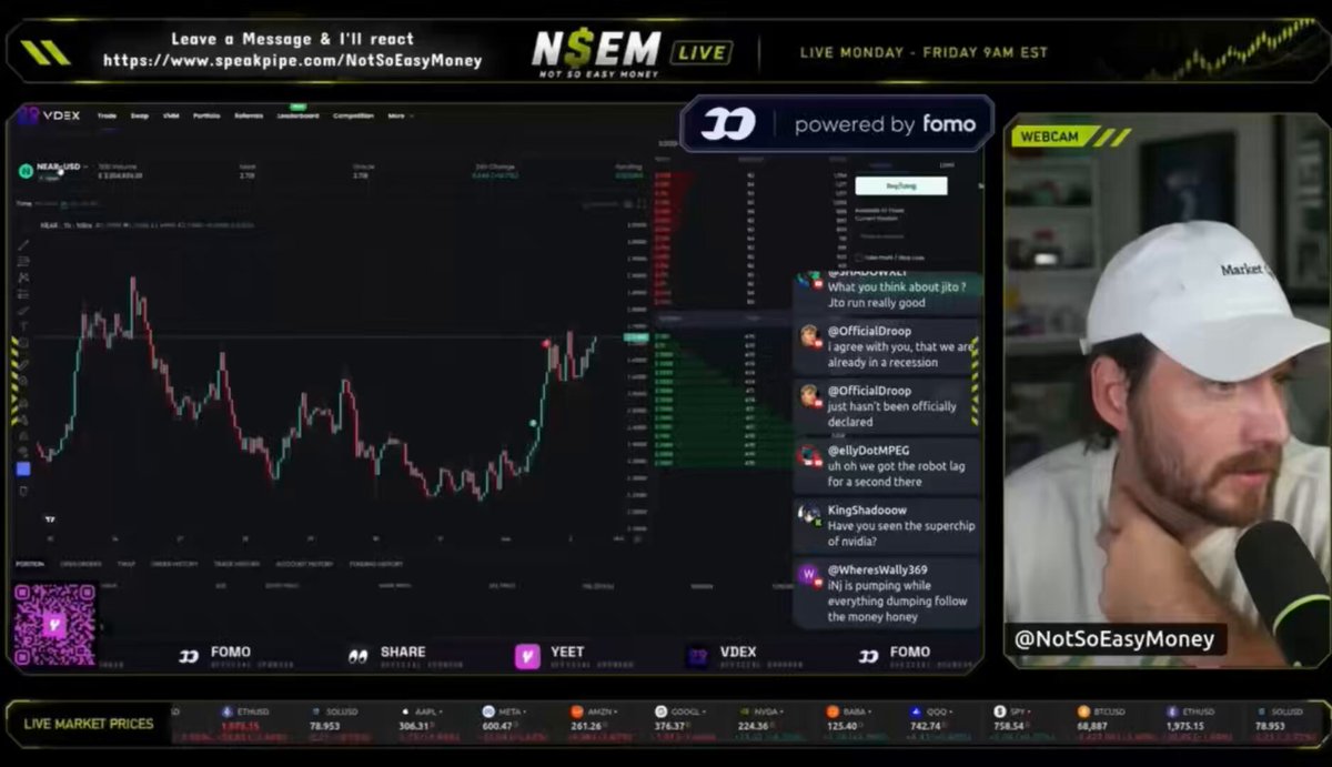 The image features a man wearing a white baseball cap watching a live trading event. The background displays a chart with two indicators, one for $VDCX and another for $WTI oil as well as two different bars representing shares of $TON that are currently open. The chat box at the bottom shows that the user is interested in @0xVDEX, and he wants to buy a share of $1.9652 but has not yet executed an order. Furthermore, he plans to purchase another share worth $3007 once the first share has closed.