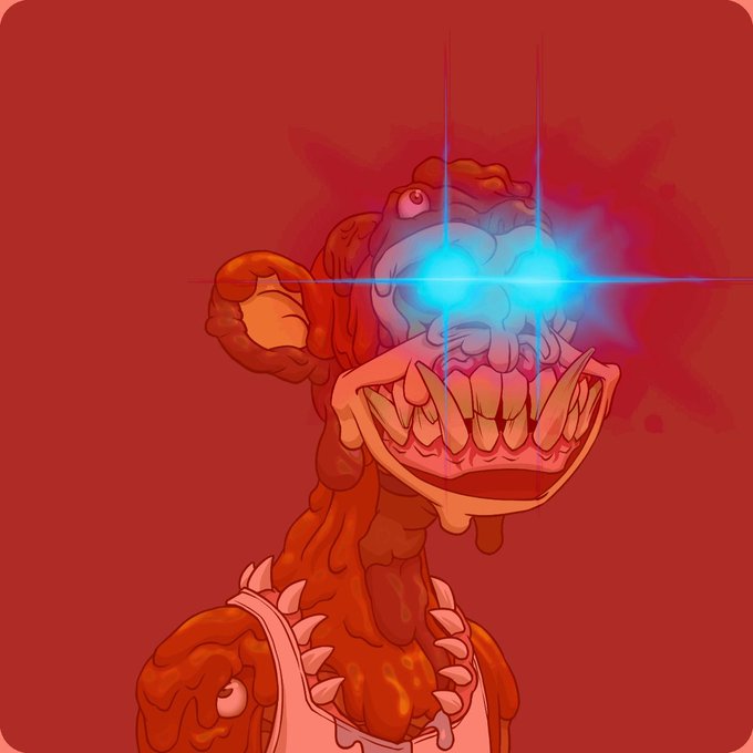 A stylized cartoon illustration of an orange, grotesque creature with sharp teeth and glowing blue laser eyes set against a red background.
