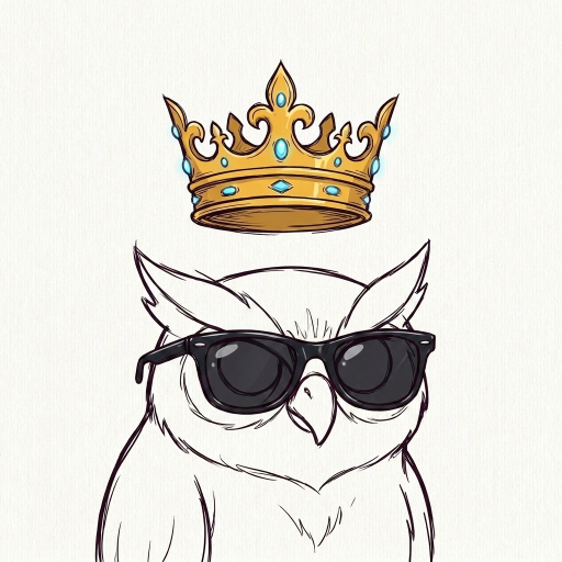 An illustration of a white owl wearing black sunglasses, with a golden crown adorned with blue gems floating above its head.