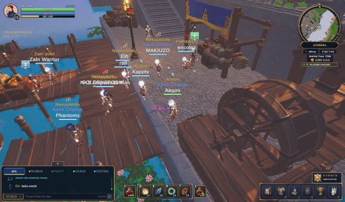 A screenshot from an MMORPG game showing multiple player characters gathered on a wooden dock near water, with names like "Zain guild", "NexusAmity", "MAKIUZO", and "Kenji Online" visible.