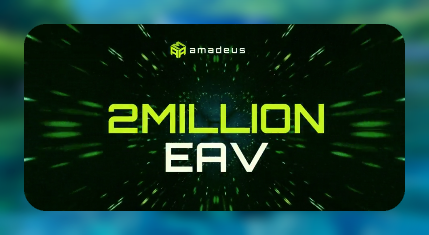 A graphic with a logo for 'amadeus' and the text '2MILLION EAV' against a dark, dynamic background.
