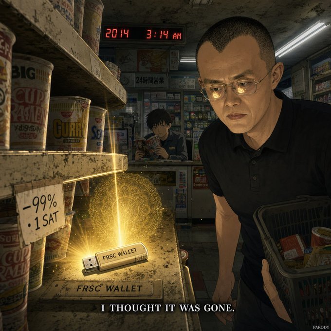 A parody digital illustration showing a man with glowing glasses in a Japanese convenience store at 3:14 AM, holding a shopping basket, with a glowing 'FRSC WALLET' (USB drive) on the shelf and text reading 'I THOUGHT IT WAS GONE.'