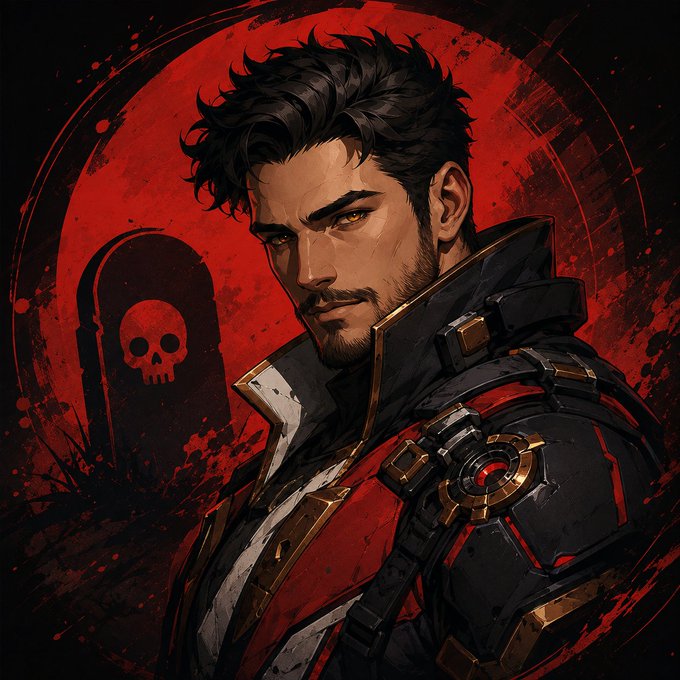 A digital illustration of a dark-haired man with a beard in futuristic red and black armor, set against a red background featuring a tombstone with a skull.