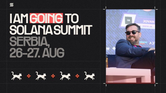 The image is a promotional graphic announcing CEO and Founder Jovan Tisma's attendance at the Solana Summit Serbia on August 26-27, featuring bold text reading "I AM GOING TO SOLANA SUMMIT SERBIA, 26-27. AUG" alongside a photo of Tisma wearing sunglasses and smiling at what appears to be a previous conference, with Solana's dog logo pattern decorating the bottom of the design.