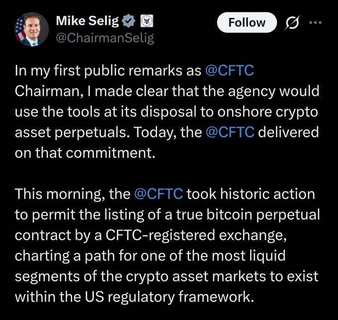 The image shows a black background with white text, which appears to be a message or post related to cryptocurrency trading. The text includes information about a regulated Bitcoin perpetual futures contract approved by the CFTC (Central Bank of the USA). This indicates that the CFTC has recognized and authorized this type of financial instrument for use in the US market.