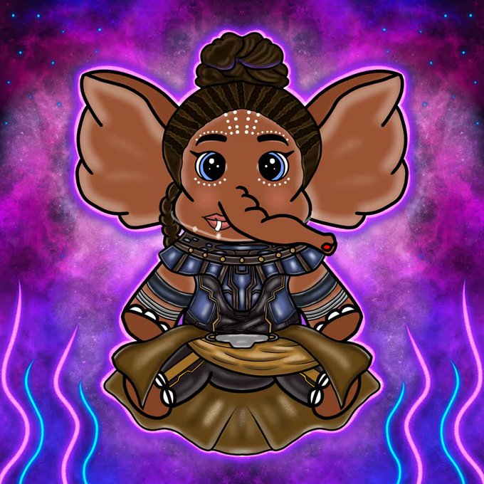 A colorful digital illustration of a cute elephant-like humanoid character with large ears and a trunk, wearing dark armor, sitting in a meditative lotus pose against a vibrant purple cosmic background.