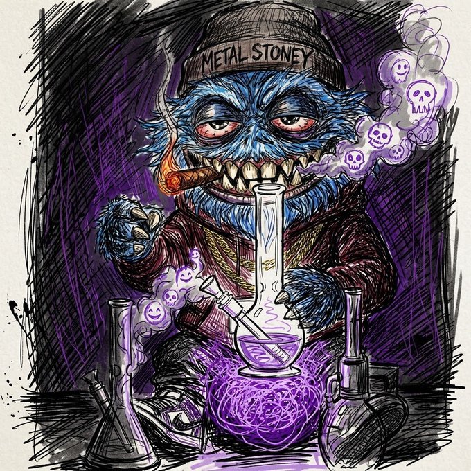 A colorful illustration of a blue, furry monster character wearing a cap that says 'METAL STONEY', smoking a cigar while holding laboratory equipment with purple smoke forming skull shapes.