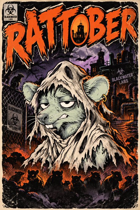 A Halloween-themed poster for "RATTOBER" by "BLACKWATER LABS" features a smug-looking rat dressed in a tattered ghost costume standing among smaller rats with a biohazard facility in the background.