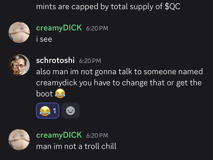 A Discord chat screenshot showing user "creamyDICK" responding "i see" and "man im not a troll chill" after another user "schrotoshi" threatened to boot them for their provocative username, humorously illustrating the petty and absurd moderation issues that epitomize crypto community management.