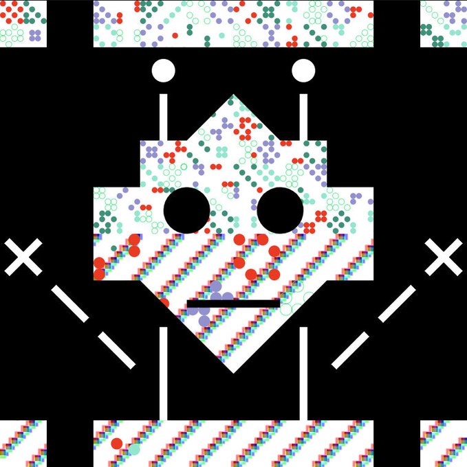 A digital design template featuring a geometric robot face with black voids for eyes and a mouth, filled with colorful dot patterns and glitch effects on a black background.