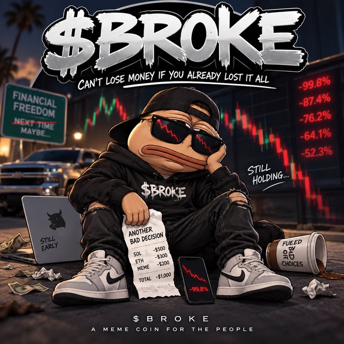 A meme coin advertisement for '$BROKE' with the tagline 'CAN'T LOSE MONEY IF YOU ALREADY LOST IT ALL' featuring a cartoon duck character in sunglasses and a '$BROKE' hoodie sitting amid falling stock charts, with a receipt showing losses including '-99.8%' and text 'STILL HOLDING...' and 'A MEME COIN FOR THE PEOPLE'.