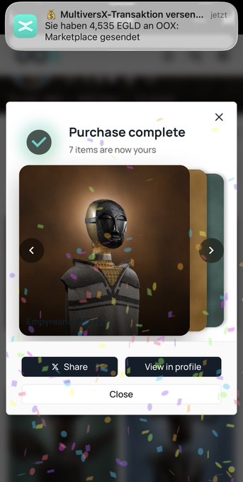 A mobile screenshot showing a 'Purchase complete' notification for 7 items on a marketplace, featuring a 3D rendered masked character called 'Empyrean' with confetti overlay, and a German notification about receiving 4,535 EGLD on the OOX Marketplace.