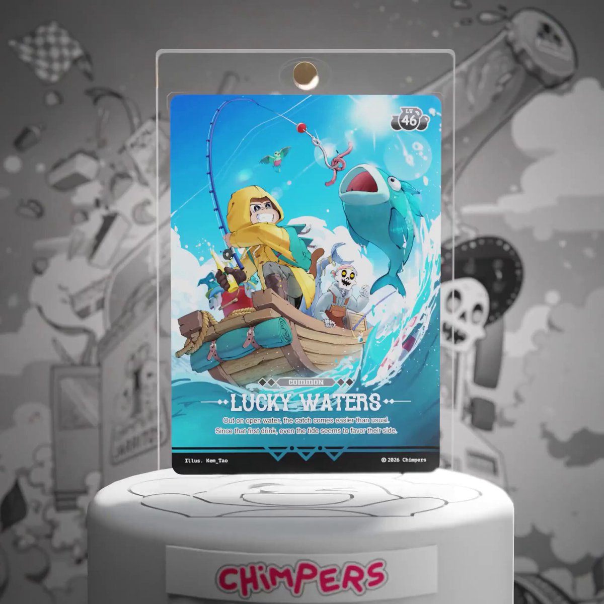 The image features a white plate with a cartoon fish design sitting on top of a cake. The plate has a label that says "Lucky Waters" written on it. Below the plate, there's a small card with a drawing of a cartoon character and text that reads "@ChimpersHQ x @Jarritos".